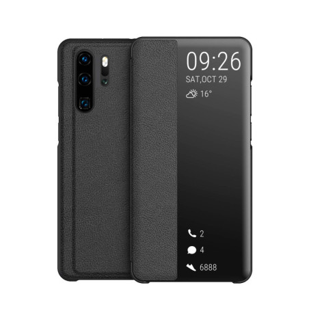 KANSi Coque Compatible pour Huawei P30 Pro, Smart View Flip Faux Cuir Coque + Protection Ecran - Noir