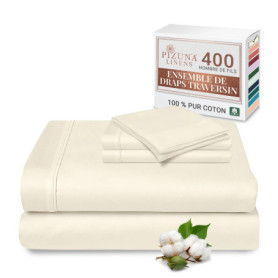 Pizuna Nouvel Ivoire 100% Coton Parure de Lit 140x200 2 Personne avec Traversin, Satin de Coton Mercerisé 400 Fils 1 Drap Housse