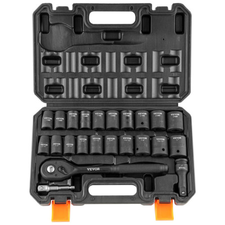 VEVOR Jeu de Douilles à Choc 1/2" Jeu de 20 Douilles à Impact avec Outil à Cliquet 13-24 mm 7/16-15/16 po 6 Pans Acier Allié CR-