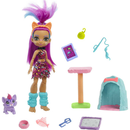 Cave Club coffret Histoire des Cavernes avec poupée Roaralai aux cheveux violets, figurine bébé tigre Ferrell et accessoires, jo