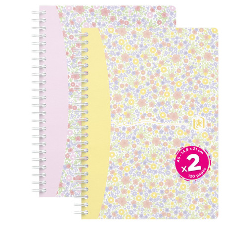 Oxford Floral Pastel, Lot de 2 Cahier A5 Petits Carreaux, 120 Pages Reliure Spirale, Coverture Carte, Couleurs Assortis