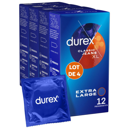 Durex Classic Jeans XL - 48 Préservatifs Fins et Extra Larges pour Homme, Largeur nominale 60mm