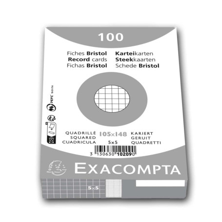 Exacompta - Réf. 10209E - Paquet de 100 fiches bristol quadrillées 5x5 non perforées - sous film - compatibles avec imprimante j