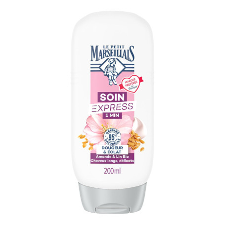 Le Petit Marseillais | Soin Express 1 Min Douceur & Éclat Amande & Lin Bio (flacon de 200 ml) – Après-shampooing pour cheveux lo
