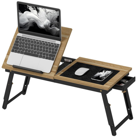HOMCOM Table de lit Pliable et réglable, Plateau pour Ordinateur Portable avec Plateau inclinable, tiroir, Bureau de lit en Bamb