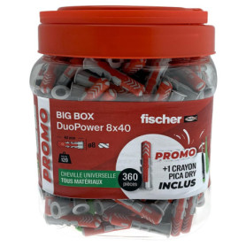 fischer - BigBox de 360 Chevilles Tous matériaux DuoPower 8x40 + 1 Crayon de Chantier Pica Dry Offert
