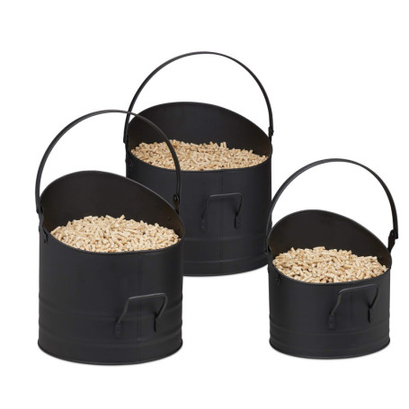 relaxdays Seau à pellets, Jeu de 3, poignée et Anse Rabattable, 21, 25 et 30 cm, en métal, Accessoire de cheminée, Noir