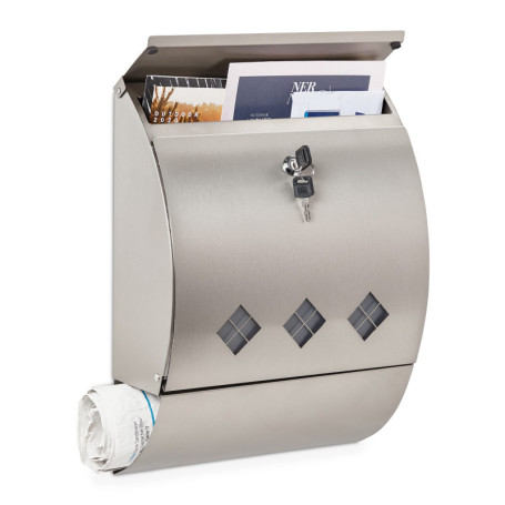 Relaxdays Boîte aux Lettres, Porte-journaux, Acier INOX, fenêtre de visualisation, 2 clés, HLP 40x30x12,5 cm, argenté