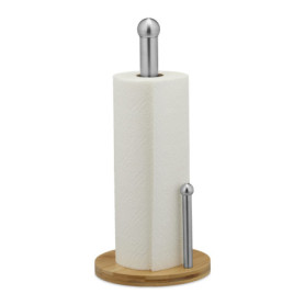 Relaxdays Support à essuie-Tout, Vertical, Bambou & Acier Inoxydable, Barre d'arrêt, HxD : 35 x 16 cm, Nature - argenté