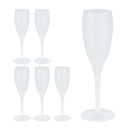 Relaxdays Flûte à Champagne en Plastique, Lot de 6, Robuste et sans BPA, réutilisable, capacité : 100 ML, Blanche