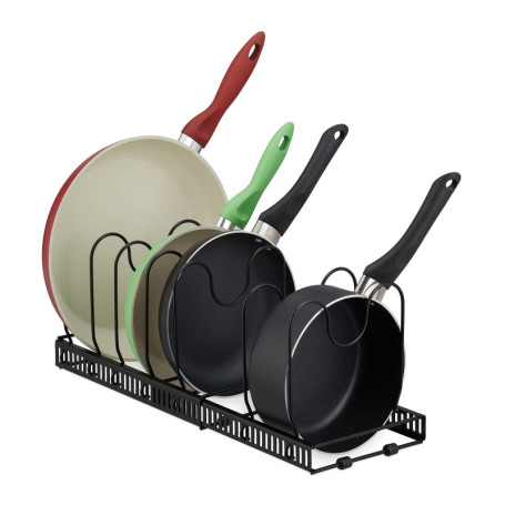 Relaxdays Organisateur pour Vos casseroles/poêles, Extensible, métal, H x L x P : 19 x 59 x 18 cm, Noir