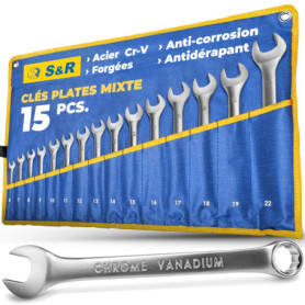 S&R Jeu 15 Clés Plates Mixtes 6-22 mm. Clés à Fourche et Anneau de Qualité Industrielle