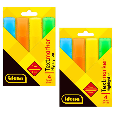 Idena 90259 - Surligneur, 2 paquets de 4 pièces, dans les couleurs jaune fluo, orange fluo, bleu fluo et vert fluo, pointe bisea