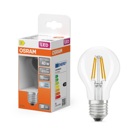 OSRAM Lampe LED forme étoile filament A40, 4000 K blanc neutre, 3,4 W, E27, transparente, 470 lm, 15 000 h, pour plafonniers et 