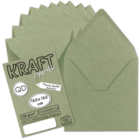 NEUSER PAPER 50x enveloppes carrées vintage en papier kraft vert - durable - 15,5 x 15,5 cm - rabat pointu à collage humide -
