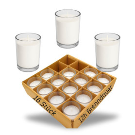 Candelo Lot de 16 bougies votives dans un verre - Bougies de table blanches élégantes - 12 heures de combustion sans parfum - Po