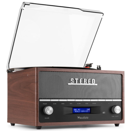 Audizio Frisco Platine Vinyle Bluetooth avec Radio Dab+ Intégrée - Marron, Radio Dab+ et FM avec Haut-Parleur Intégré, 33, 45, 7