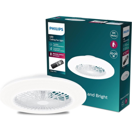 Philips Ventilateur Plafond avec Lumière, Luminaire Plafonnier LED, Blanc, Rond, Amigo 42W+20W, couleurs de températures réglabl
