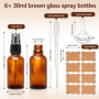 6 Flacons Spray Vides 30ml en Verre Ambré avec Entonnoirs Pipettes et Étiquettes – Bouteilles Pulvérisateurs Rechargeables pour 