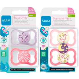 MAM Sucette Supreme 6-16 mois, Dental Sucette, lot de 4 pour les filles, 2 étui de stérilisation
