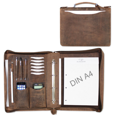 ALMADIH porte documents A4 cuir vachette avec fermeture éclair et poignée + classeur anneaux + bloc notes inclus, marron vintage