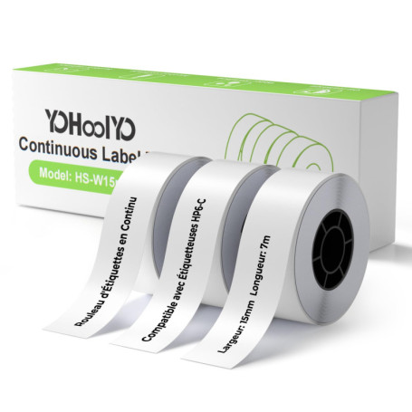 YOHOOLYO Étiquettes Autocollantes Thermiques en Continu 15 mm x 7 m, 3 Rouleaux, Compatible avec Étiqueteuse HP6-C pour La Maiso