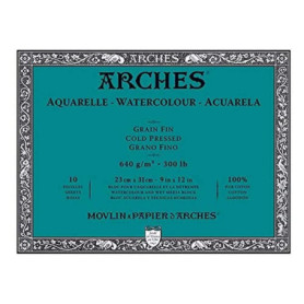 ARCHES Aquarelle - Bloc 10 feuilles 23x31 collé 4 côtés - 640g/m² - grain satiné, blanc naturel, 4 bords francs