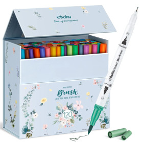 Ohuhu Feutre Coloriage Adulte, 120 Couleurs Aquarelle Stylos Feutres Double Pointe Fine et Pinceau pour Calligraphie Mandala Des
