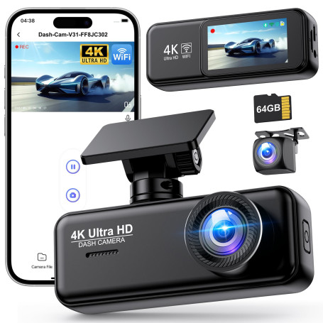 Dashcam Voiture Avant Arrière 4K+1080P, SIGRILL Caméra Embarquée Voiture avec Carte SD 64Go Gratuite, Caméra de Voiture WiF, Sup