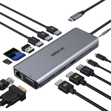 MOKiN Station d'accueil USB C, 14 en 1 à Triple Affichage, hub USB C Double Moniteur vers Double HDMI, VGA, Gigabit Ethernet, 5 