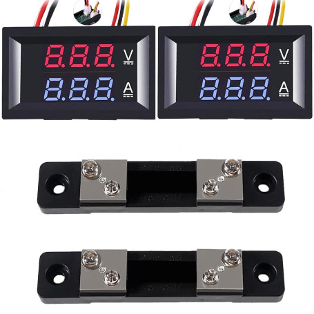 Greluma 2 Pièces Voltmètre ampèremètre numérique 0,28", DC 0-100V, 50A, double affichage LED rouge et bleu, testeur 2 en 1 avec 