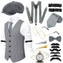 10pcs 1920s Mens Costume Set for Adult, Roaring Retro 20s Gatsby Gangster Costume Outfit with Vest Octagonal Hat Bow Tie Cuffs G