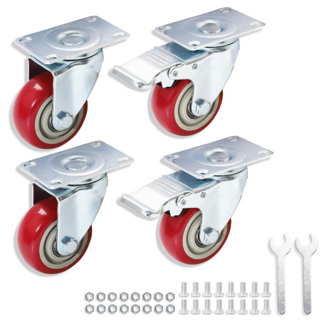 Roulettes pour Meubles 75mm [2 Pivotantes + 2 avec Frein] – 400kg Charge Lourde – Roues en Polyuréthane Silencieuses et Anti-Tra
