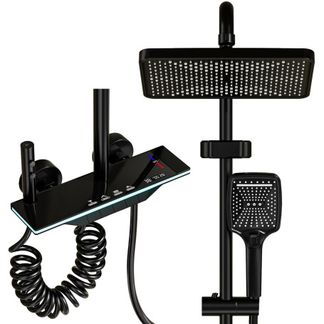 YJYAJIE Colonne de Douche 4 en 1 Noir, Température Constante Mitigeur LED, Commande Piano, Douche Pluie Carrée XXL 31x20, Douche