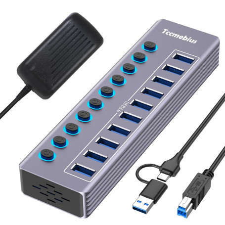 Tccmebius Hub USB Alimenté à 10 Ports Aluminium USB 3.0 Data Hub avec Interrupteur Séparé LED, Adaptateur d'alimentation 12V/3A,