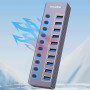 Tccmebius Hub USB Alimenté à 10 Ports Aluminium USB 3.0 Data Hub avec Interrupteur Séparé LED, Adaptateur d'alimentation 12V/3A,