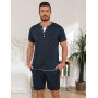 Jahetuul Pyjama Homme Court en Coton Été Ensemble de Pyjama à Col en V avec Boutons Décoratifs T-Shirt Uni et Short Uni avec Poc