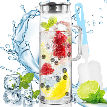 Snarflun Carafe en Verre de 1.5 Litre Pichet en Verre, Carafe Eau pour Boissons Chaudes et Froides avec acier inoxydable couverc