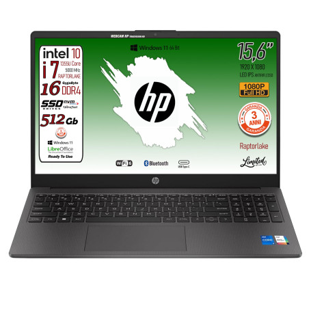 HP 250 G10, PC portable CPU Intel Core i7-1355U 13th 10Core, jusqu'à 5 GHz, RAM 16 Go, SSD Pci 512 Go, écran 15,6" ips FHD, Wi-F