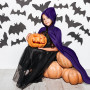 AOOWU Cape à Capuchon Noire Violet Déguisement, Cape à Capuche Double Face pour Halloween, Déguisement de Sorcière, Adulte Costu