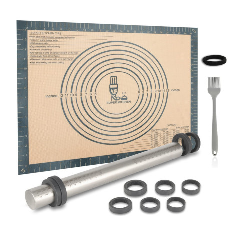 SUPER KITCHEN Rouleau à Pâtisserie Ajustable en Acier Inoxydable Avec 5 Anneaux Réglables, Tapis de Cuisson Tapis à Pâtisserie e
