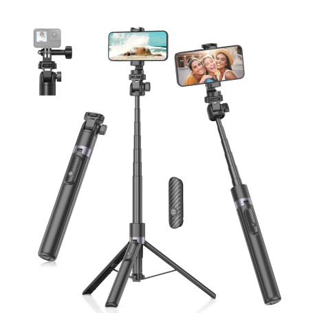 Gahenwo 173cm Perche Selfie Monopode/Trépied pour Caméra d'action, Trepied Smartphone Tout-en-Un avec Télécommande, Support de T