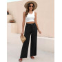 PASUDA Pantalon Femme Été Fluide Pantalons Taille Haute Elastique Léger Ample avec Bouton Pantacourt avec Poches Longueur Droit 