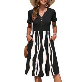 AUSELILY Robe Femme d'été à Manches Courtes avec Boutons Robes Longueur Genou légère Col en V Style Empire Décontractée avec Poc