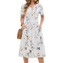 CMTOP Robe Femme Ete Chic et Elegant Col en V Fleurie Robe Mi Longue Décontractée Manches Courtes Boutons Genou Légère Robe Styl
