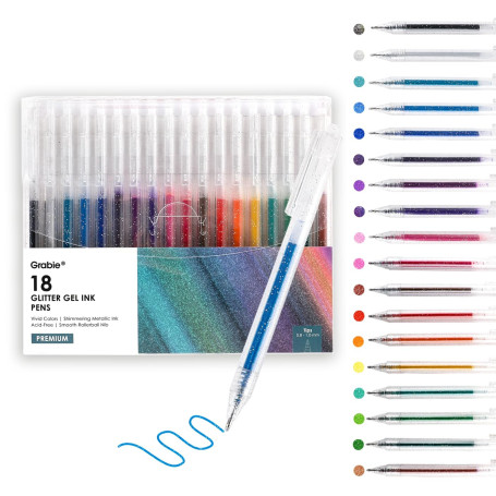 Grabie Stylos à encre gel à paillettes - 18 couleurs - Stylos à encre gel métallisée pour coloriage, marqueurs rétractables à pa