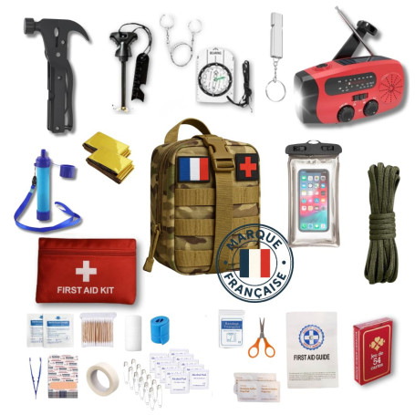 Kit d'urgence 72h Complet – Sac étanche avec Outil Multifonctions Essentiels + Radio Solaire/Chargeur/Lampe Autonome – Idéal en 