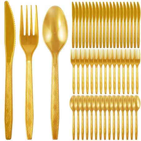 Richunie 150 Pièces Couvert Doré En Reutilisable, Couverts De Fête Réutilisables 50 Fourchettes,Couteaux,Cuillères Pour les Vaca