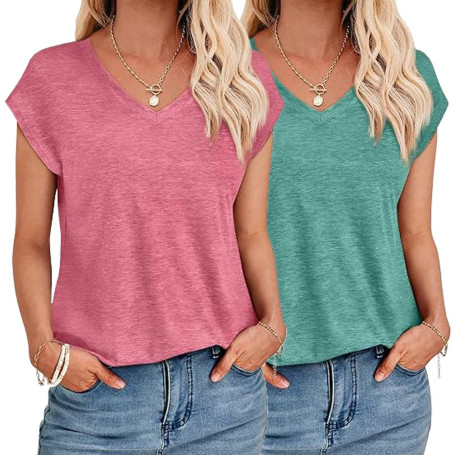 YUTILA Lot de 1/2 t-shirts d'été décontractés pour femme - Couleur unie - Manches courtes - Col en V - Décontracté