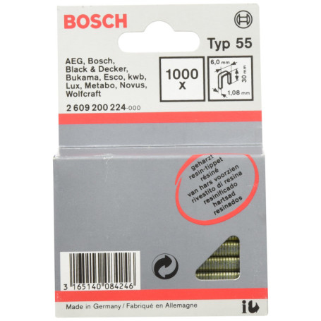 Agrafes à dos étroit Bosch type 55 résinées 6 x 30 mm - 1000 pièces